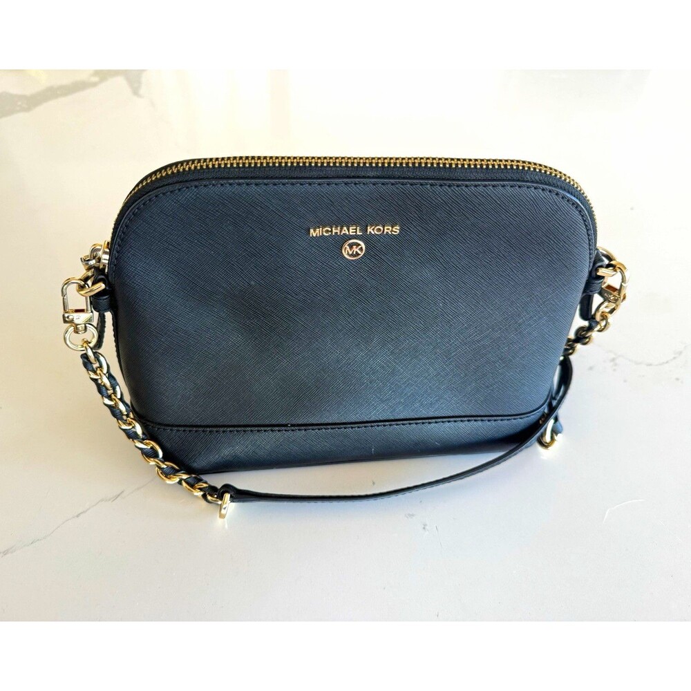 Michael Kors Black Leather Small Crossbody Zip Gold Hardware Chain Strap Pockets